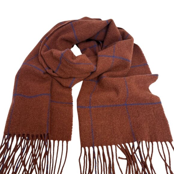 RAG & BONE Wool Scarf Rust Brown Windowpane Check Fringe Muffler Unisex Italy - Picture 5 of 10